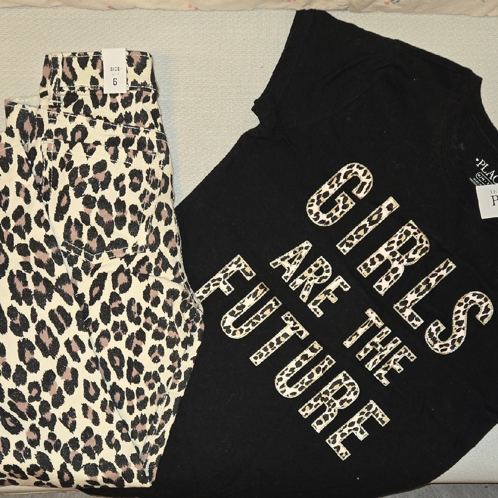 Black Graphic Tee and Leopard Print Pants Set